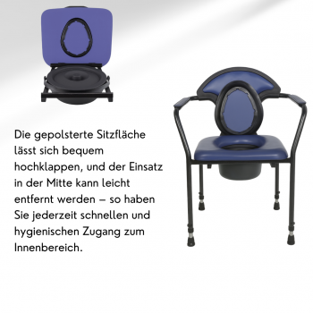 Toilettenstuhl höhenverstellbar EXKLUSIV blau mit Eimer gepolstert Senioren Pflege