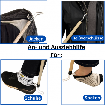 An- und Ausziehstab Deluxe 69 cm GRAU Holzstab mit Doppelhaken für Kleidung & Schuhe Anziehhilfe