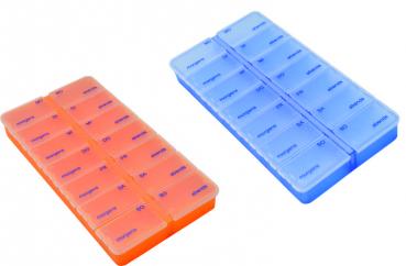 Pillendose 2-er SET 7 Tage 14 Fächer orange/blau Tablettendose