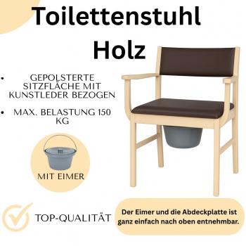 Toilettenstuhl Holz hell, gepolstert, mit Eimer & Deckel, Medizinprodukt**