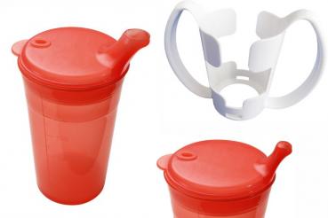 Trinkbecher-Set Tee und Brei, kurzes Mundstück, mit Halter rot