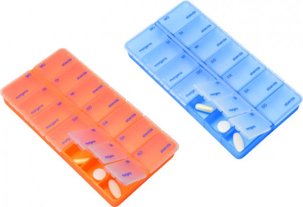 Pillendose 2-er SET 7 Tage 14 Fächer orange/blau Tablettendose