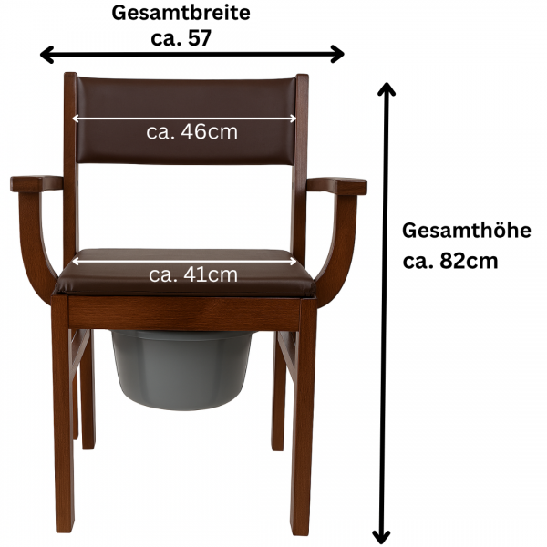 Toilettenstuhl Holz dunkel, gepolstert, mit Eimer & Deckel, Medizinprodukt**