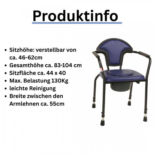 Toilettenstuhl höhenverstellbar EXKLUSIV blau mit Eimer gepolstert Senioren Pflege