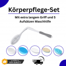 Sansuwell Körperpflege-Set weiß-grau – 5 Aufsätze, 3-fach winkelverstellbarer Griff, langer Stiel, Geschenkidee